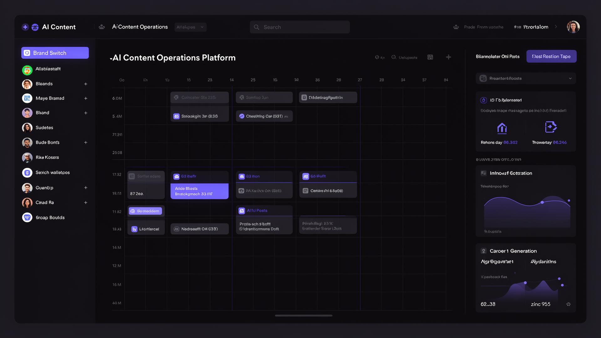 EzeCraft platform dashboard showing multi-brand content calendar, AI generation panel, and analytics
